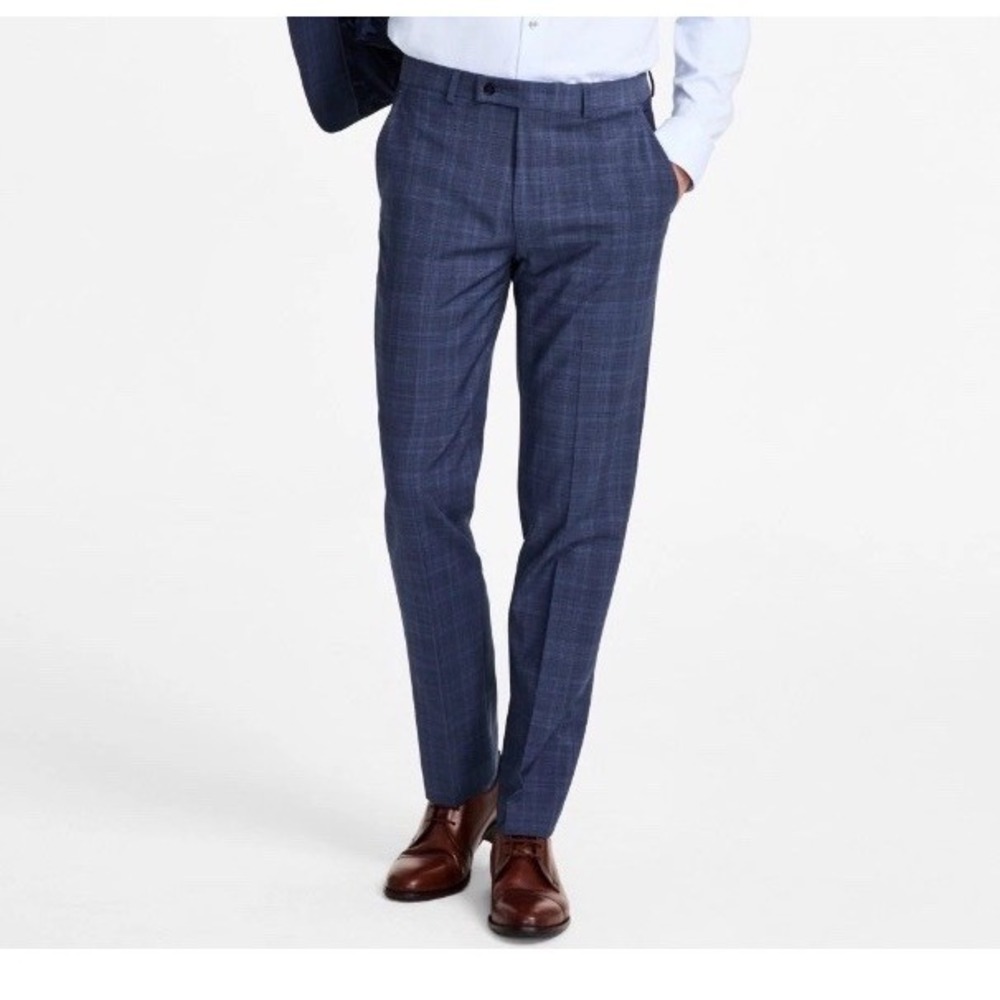 Calvin Klein Mens Slim fit Dress Pants 28W 29L Navy Blue Plaid Wool